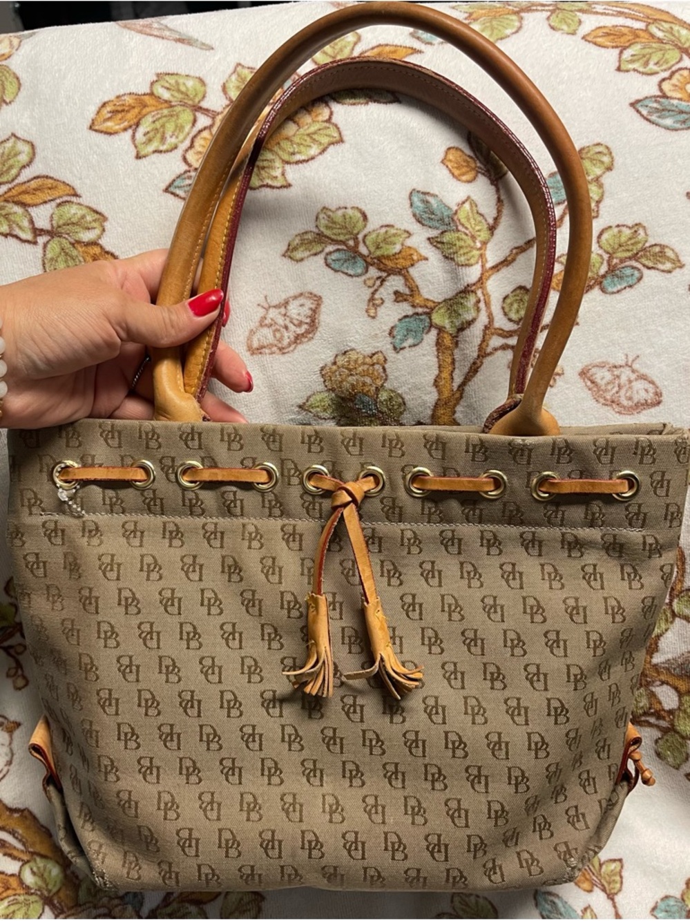 Dooney & Bourke Beige Monogram Tote with Tan Leather Trim